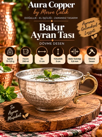 Bakır Ayran Tası ve Bardak 200 ml Dövme Kulplu KC-00019 Gümüş Ayran Tası