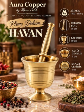 Pirinç Döküm Havan Tokmak Seti 1 Kg Baharat Sarımsak Ezici 10 cm - Klasik Pirinç DC-00005