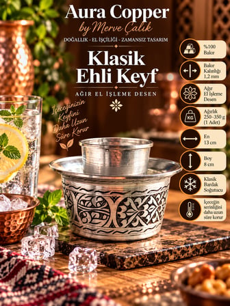Aura Copper Bakır Ehlikeyf Bardak Soğutucu El İşlemeli ve Jelli Modeller EC-00003-Gümüş Ağır İşleme