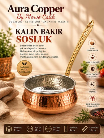 Aura Copper Kalın Bakır Sosluk 12 cm 1 mm El Dövmesi Uzun Saplı Sos Tavası SS-00001-Bakır Renk