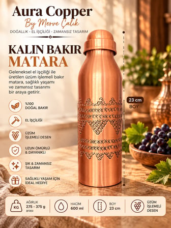 Ağır El İşlemeli Bakır Matara 600 ml – El Yapımı Kapaklı Su Şişesi Suluk 24 cm Ac-00017-Üzüm İşleme