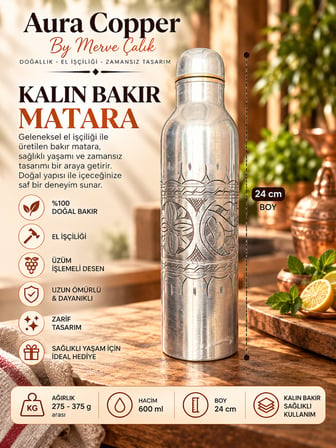 Ağır El İşlemeli Bakır Matara 600 ml – El Yapımı Kapaklı Su Şişesi Suluk 24 cm Ac-00018-Çiçek İşleme