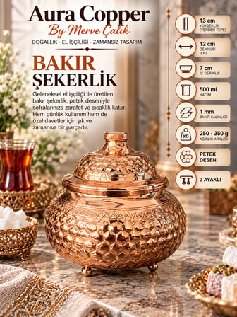 Aura Copper Kapaklı Bakır Şekerlik 3 Ayaklı El İşlemeli Lokumluk Bakır Renk - Petek
