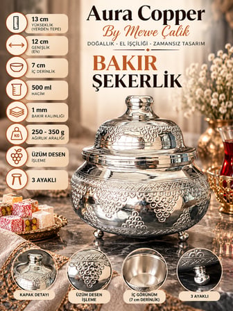 Aura Copper Kapaklı Bakır Şekerlik 3 Ayaklı El İşlemeli Lokumluk Gümüş Renk - Üzüm