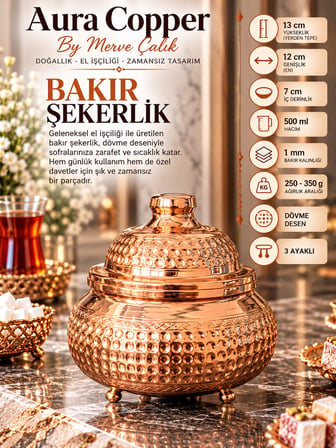 Aura Copper Kapaklı Bakır Şekerlik 3 Ayaklı El İşlemeli Lokumluk Bakır Renk - Dövme