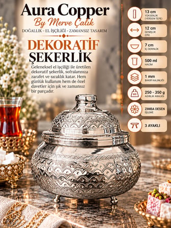 Aura Copper Kapaklı Bakır Şekerlik 3 Ayaklı El İşlemeli Lokumluk Gümüş Renk - Zımba