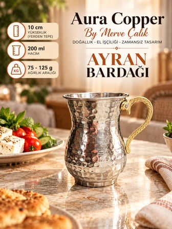 Aura Copper Ayran Bardağı 200 ml Dövme Kulplu Su Meşrubat Bardağı Gümüş Dövme - Tekli
