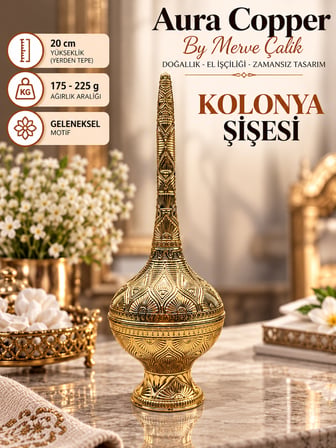 Aura Copper Dekoratif Kolonya Şişesi 20 cm Osmanlı Motifli Altın Renk