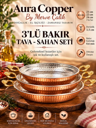 Aura Copper 3'lü Bakır Sahan Tava Seti Dövme Çift Kulplu Yumurta Menemen Tavası 21-22-24 cm