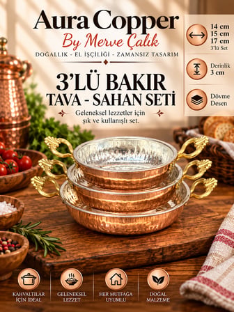 3'lü Bakır Sahan Tava Seti Dövme Çift Kulplu Yumurta Menemen Tavası 14-15-17cm/3 cm