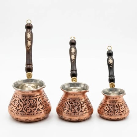 Aura Copper 3'lü Bakır Cezve Seti 2-4-6 Kişilik Türk Kahvesi Cezvesi CZ-00001-Ağır İşleme - Sedef Sap