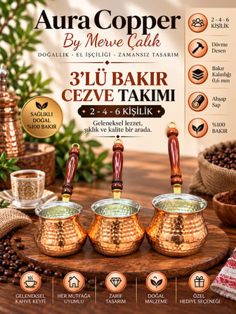 Aura Copper 3'lü Bakır Cezve Seti 2-4-6 Kişilik Türk Kahvesi Cezvesi CZ-00004-Dövme - 0,6 mm