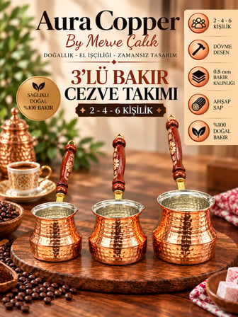 Aura Copper 3'lü Bakır Cezve Seti 2-4-6 Kişilik Türk Kahvesi Cezvesi CZ-00005-Dövme - 0,8 mm