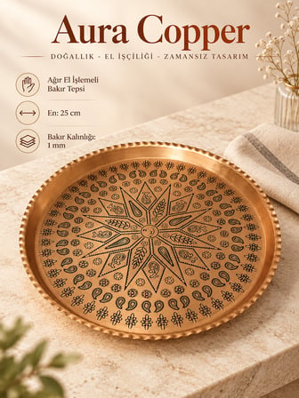 Ağır El İşlemeli Bakır Tepsi 1 mm Dekoratif Sunum ve Servis Tepsisi Ac-Tp-002/Yuvarlak 25 cm