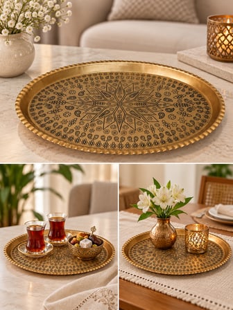 Ağır El İşlemeli Bakır Tepsi 1 mm Dekoratif Sunum ve Servis Tepsisi Ac-Tp-005/Oval 30 x 20 cm