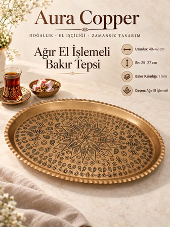 Ağır El İşlemeli Bakır Tepsi 1 mm Dekoratif Sunum ve Servis Tepsisi Ac-Tp-001/Oval 40x25cm
