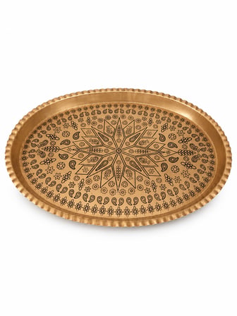 Ağır El İşlemeli Bakır Tepsi 1 mm Dekoratif Sunum ve Servis Tepsisi Ac-Tp-001/Oval 40x25cm
