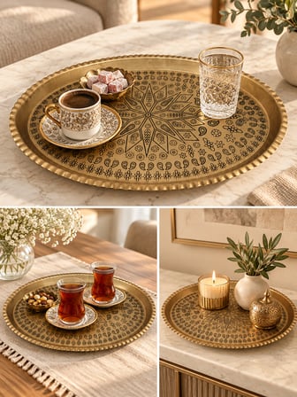 Ağır El İşlemeli Bakır Tepsi 1 mm Dekoratif Sunum ve Servis Tepsisi Ac-Tp-001/Oval 40x25cm
