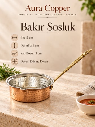 Aura Copper Kalın Bakır Sosluk 12 cm 1 mm El Dövmesi Uzun Saplı Sos Tavası SS-00002-Dövme