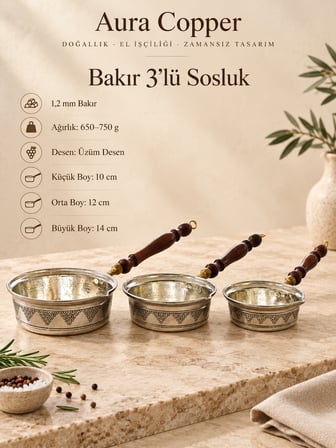 3'lü Kalın Bakır Sosluk Seti 1,2 mm El İşlemeli Ahşap Saplı - Üzüm Desenli 10-12-14 cm Ss-00003