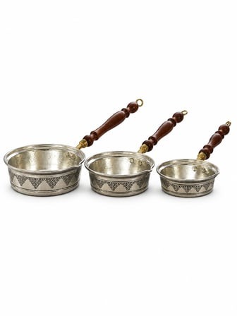 3'lü Kalın Bakır Sosluk Seti 1,2 mm El İşlemeli Ahşap Saplı - Üzüm Desenli 10-12-14 cm Ss-00003