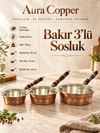 3'lü Kalın Bakır Sosluk Seti 1,2 mm El İşlemeli Ahşap Saplı - Üzüm Desenli 10-12-14 cm Ss-00004