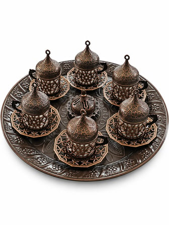 Osmanlı Motifli Türk Kahvesi Fincan Takımı Kapaklı Tepsili Özel Metal Sunum Seti Ac-Ft-001/6'lı Eskitme Renk