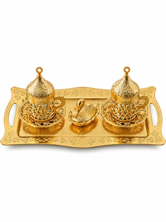 Osmanlı Motifli Türk Kahvesi Fincan Takımı Kapaklı Tepsili Özel Metal Sunum Seti Ac-Ft-003/2'li Altın Renk
