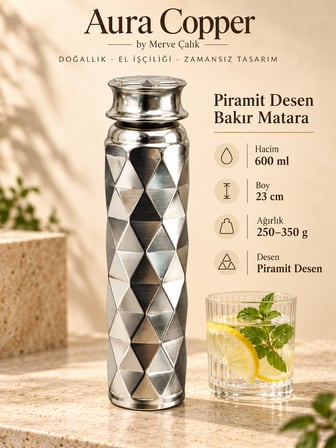 Bakır Matara Suluk Su Şişesi 500–600 ml Geometrik ve Dövme Desenli Ac-Mt-006-Piramit