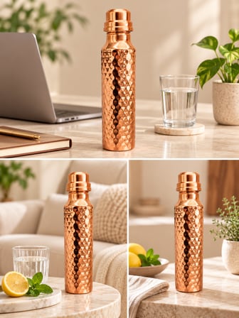 Bakır Matara Suluk Su Şişesi 500–600 ml Geometrik ve Dövme Desenli Ac-Mt-007-Dövme