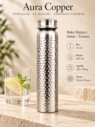 Bakır Matara Suluk Su Şişesi 500–600 ml Geometrik ve Dövme Desenli Ac-Mt-008-Dövme