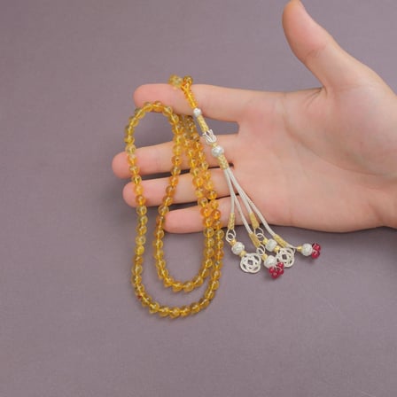 Kaya Damla Kehribar 99'luk Küre Kesim 6.5mm Kazas Püsküllü Namaz Tesbihi
