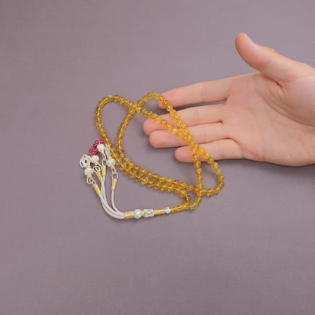 Kaya Damla Kehribar 99'luk Küre Kesim 6.5mm Kazas Püsküllü Namaz Tesbihi
