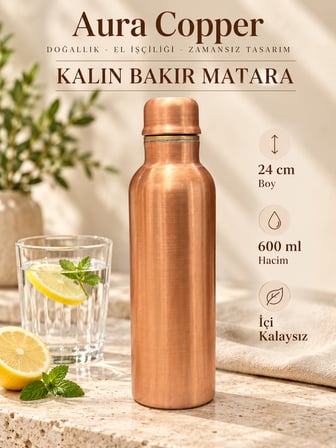 Aura Copper Kalın Bakır Matara 600 ml Kapaklı Su Şişesi Suluk- İçi Kalaysız!!! Ac-00004