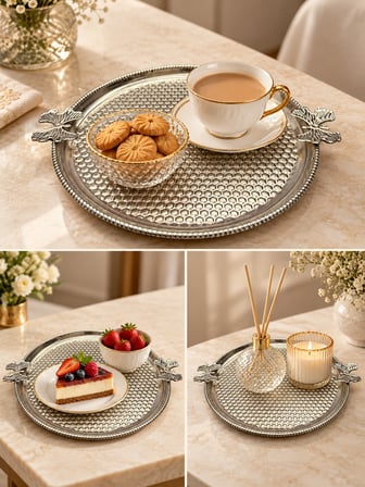 Aura Copper Kelebek Kulplu Petek Desenli Metal Çay Kahve Sunum Tepsisi Yuvarlak 25 cm Gümüş
