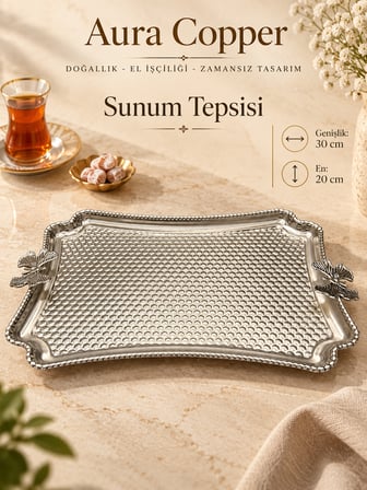 Aura Copper Kelebek Kulplu Petek Desenli Metal Çay Kahve Sunum Tepsisi 30x20 cm Gümüş