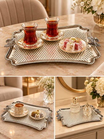 Aura Copper Kelebek Kulplu Petek Desenli Metal Çay Kahve Sunum Tepsisi 30x20 cm Gümüş