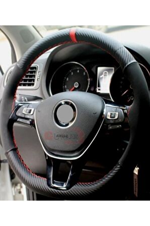 Vw Passat B6 Uyumlu  Alkantra Dikmeli Direksiyon Kılıfı Karbon-alkantra Yüzüklü Kırmızı Ipli