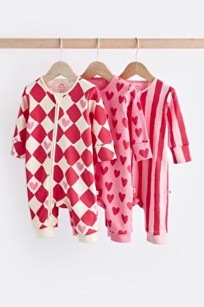 Next Baby % 100 Pamuklu Kırmızı Kalp Desenli  3'lü Tulum Set