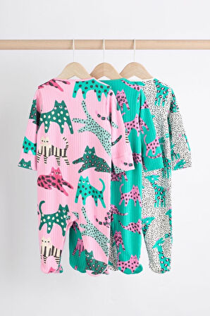 Next Baby % 100 Pamuklu Pembe Yeşil Animal Desenli 3'lü Tulum Set