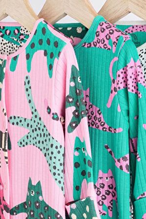 Next Baby % 100 Pamuklu Pembe Yeşil Animal Desenli 3'lü Tulum Set