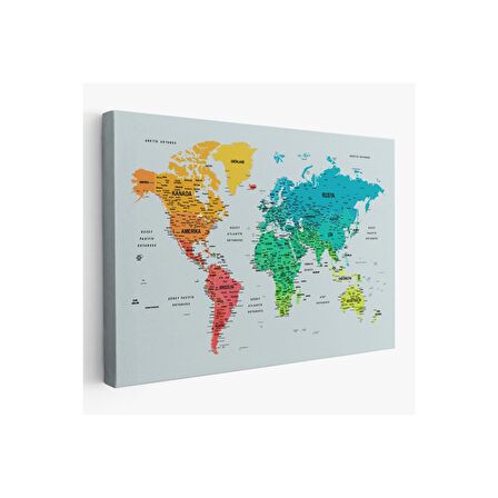 Türkçe Detaylı Dünya Haritası Dekoratif Renkli Zeminli Kanvas Tablo 1709