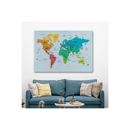 Türkçe Detaylı Dünya Haritası Dekoratif Renkli Zeminli Kanvas Tablo 1709