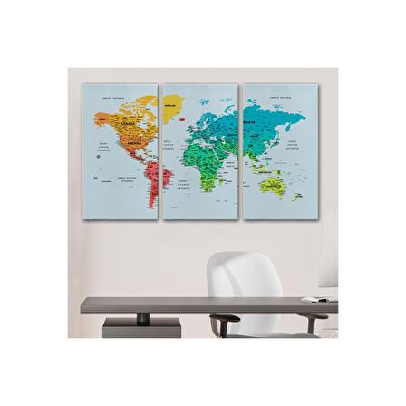 Türkçe Detaylı Dünya Haritası Dekoratif Renkli Zeminli Kanvas Tablo 1709