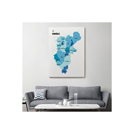 Denizli  İli ve İlçeler Haritası  Dekoratif Kanvas Tablo 1320