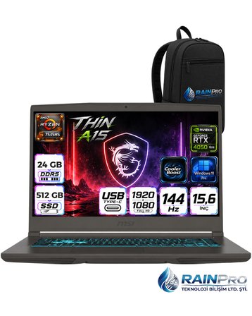 MSI NB THIN A15 RYZEN 5 7535HS 24 GB DDR5 512 GB SSD 6GB RTX4050 15.6 FHD 144Hz Windows 11 Pro Taşınabilir Bilgisayar B7VERNP05