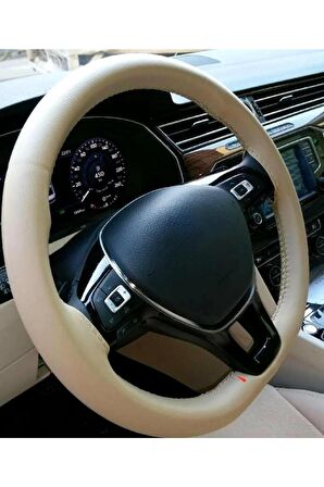 Vw Passat B7 Uyumlu Dikmeli Deri Direksiyon Kılıfı Bej Renk