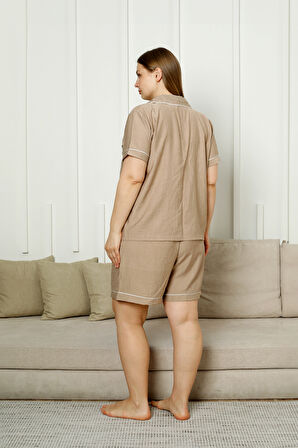 Büyük Beden Kısa Kollu Dokuma Gömlek Pijama Takımı- Geniş Beden Aralığı - 