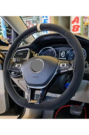 Vw Passat B8 Uyumlu Dikmeli Direksiyon Kılıfı Alkantara Bej Yüzüklü