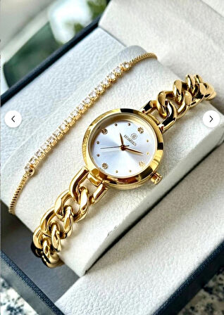 Bileklik Görünümlü Gold Kadın Kol Saati/ Çelik Zicir Kol Saati